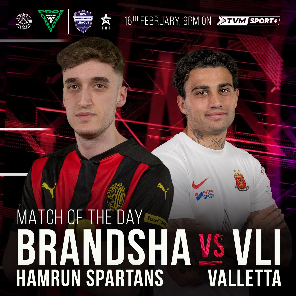 Match of the Day: Week 1️⃣

Reigning champion <a href="/brandsha56/">brandsha</a> (<a href="/fc_Hamrun/">Hamrun Spartans Football Club</a>) takes on the ever-impressive <a href="/xShaunDimech/">Shaun10x</a> (<a href="/valletta_fc/">Valletta Football Club</a>) ️🎮⚽

Tune in on Friday 16th February at 9PM on @tvmsport+ to see who comes out on top❗

#eafc #eafc24 #esports #competition #malta