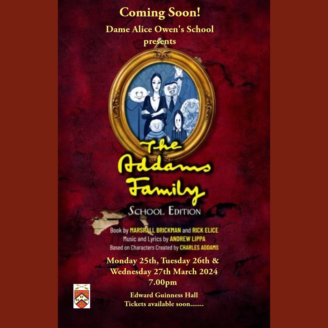 We are extremely excited to present "The Addams Family" - a comical feast that embraces the wackiness in every family!
25th / 26th / 27th March 2024 at 7.00pm
Tickets available soon!
