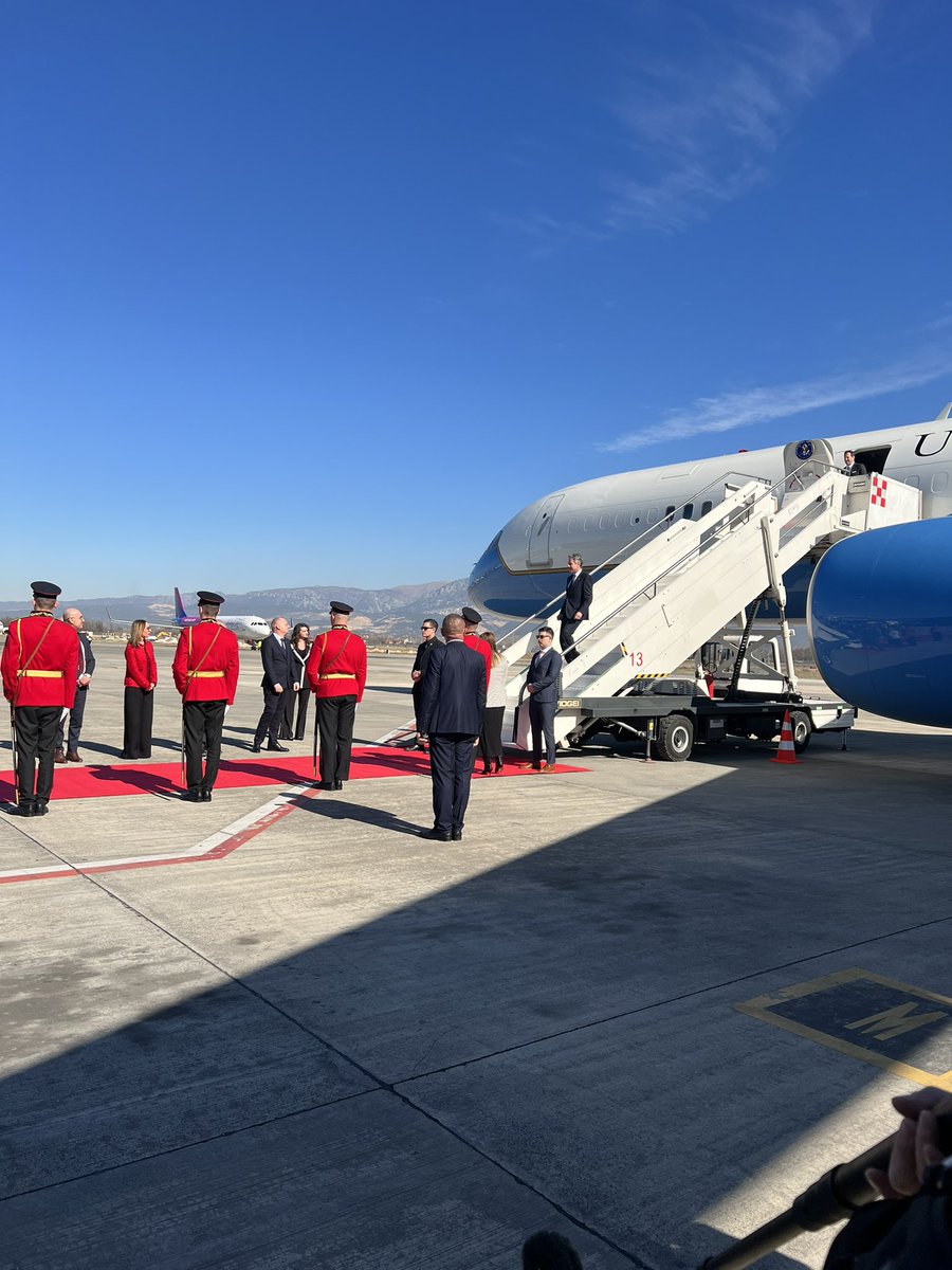 .@SecBlinken has arrived in Tirana to a red carpet welcome.