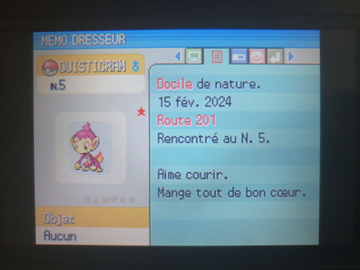 LA CHANCE EST DE RETOUR!!! Seulement 2065 reset pour un Ouisticram shiny pendant que je suis en cour de culture juridique. J'ai faillit gueuler mais tt vas bien. Tellement content. J'ai hâte de commencer manaphy