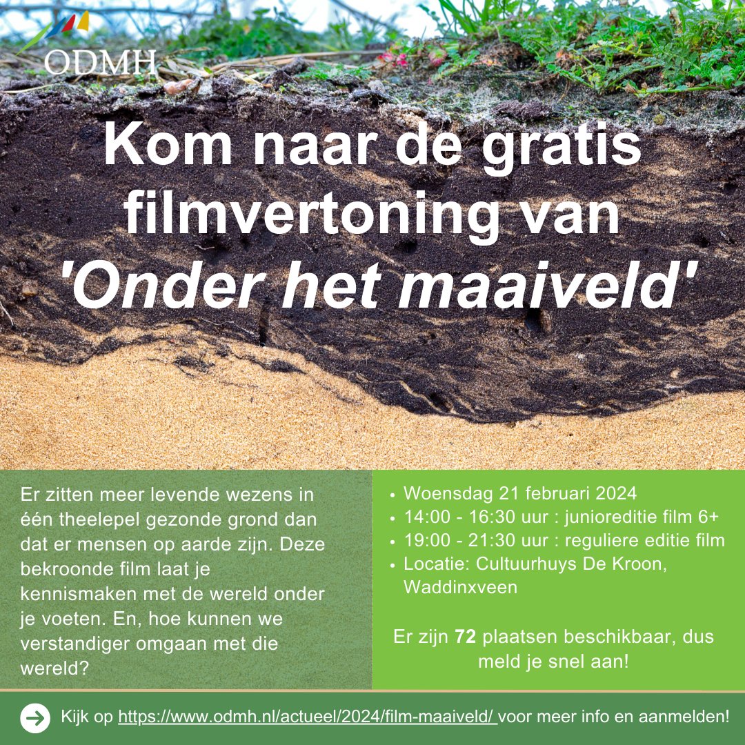 Altijd al willen weten wat er allemaal gebeurt in de wereld onder je voeten? Kom dan in de voorjaarsvakantie in <a href="/CMCDeKroon/">Cultuurhuys De Kroon</a> gratis kijken naar de film 'Onder het Maaiveld'. In de middag draait de speciale junioreditie (6+) en in de avond de reguliere editie. Meld je snel aan!