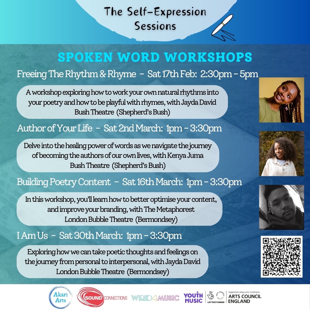 Spoken Word Poetry workshops in London starting this Saturday! For people of all ages and abilities. Find out more about The Self-Expression Sessions and sign up here: eventbrite.co.uk/cc/self-expres… Supported by @Wired4Music @YouthMusic @ace_national