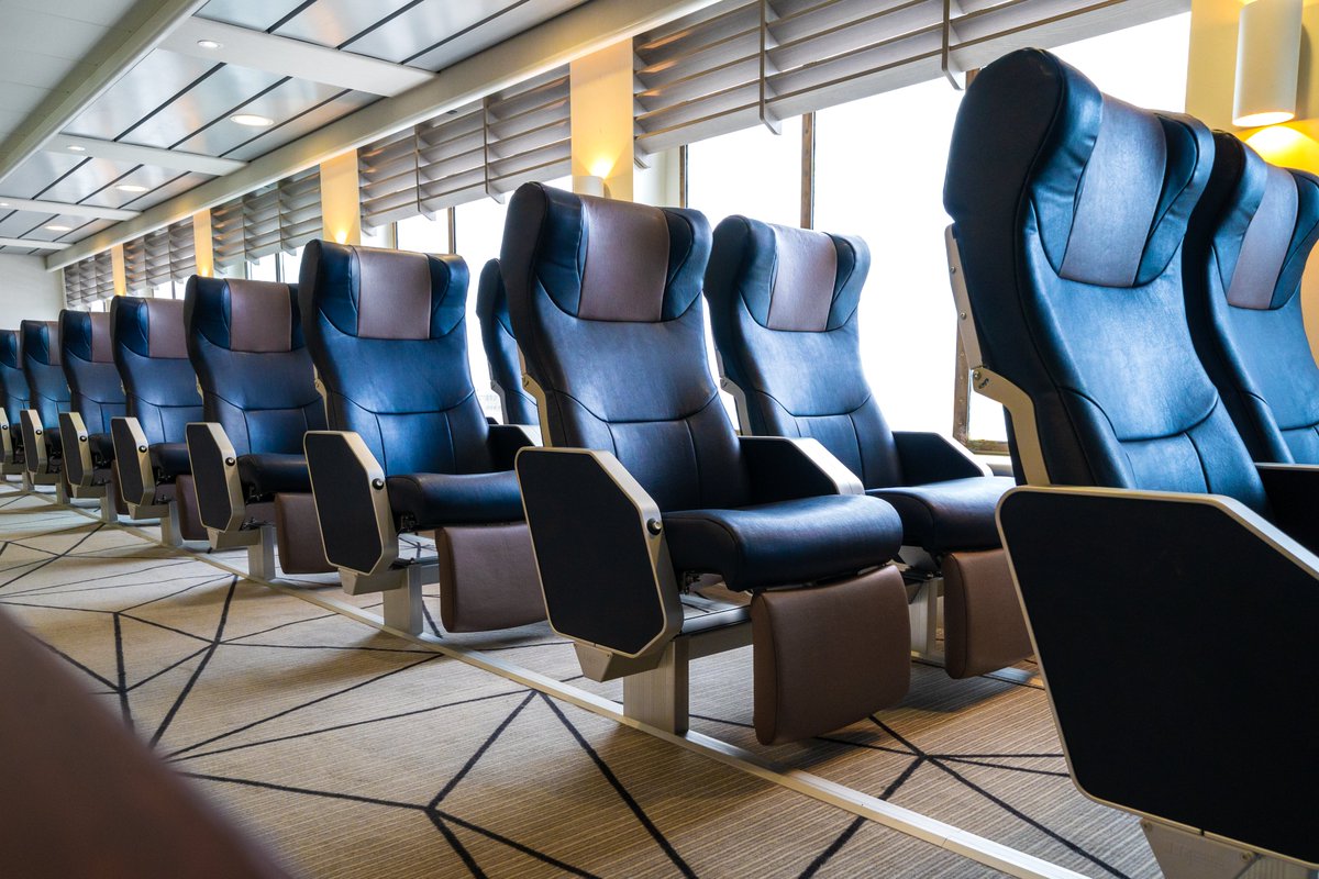 Sit back and relax with stunning sea views in a comfy recliner seat in our Horizon Lounge on Condor Islander #channelislands #comfortable #Travel