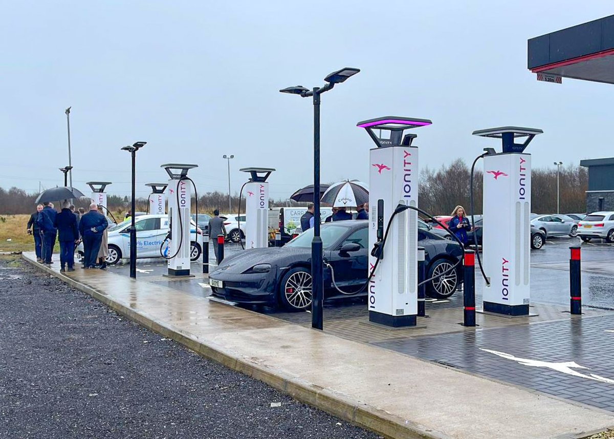 nievowners's tweet photo. Delighted to attend this morning's official switch on of Ionity's first DC Ultra-Rapid charging hub in NI. 6 x CCS now open to the public outside Toome

#EVANI #Ionity #evcharging #northernireland #NI #Toome #Toomebridge https://t.co/sQOcJDoTYq