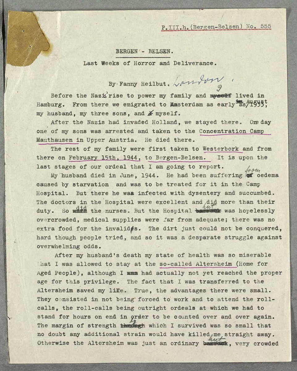 wienerlibrary's tweet photo. "Last weeks of Horror and Deliverance."
Fanny Heilbut and her family were deported to Bergen-Belsen #OnThisDay in 1944. In her eyewitness account collected by the Library, she describes the horrible conditions of life in the camp #TestifyingToTheTruth https://t.co/77zfSSRxCB https://t.co/imm3cYYbQe