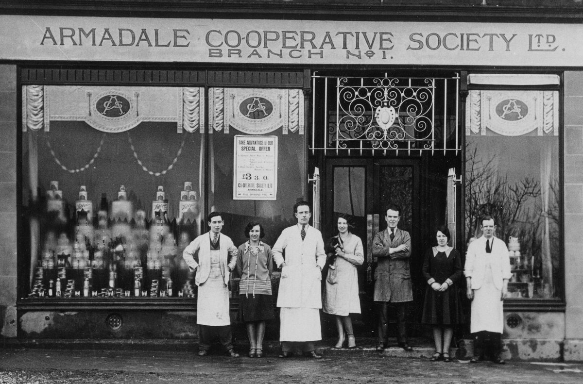 #Coopoftheweek A is also for Armadale - because it's our only branch photo with a cat. The first Armadale Co-operative Society started in 1861 -it's customers were mostly miners from the nearby collieries. Shut in 1868, a new society opened in 1871 had more long lasting success.