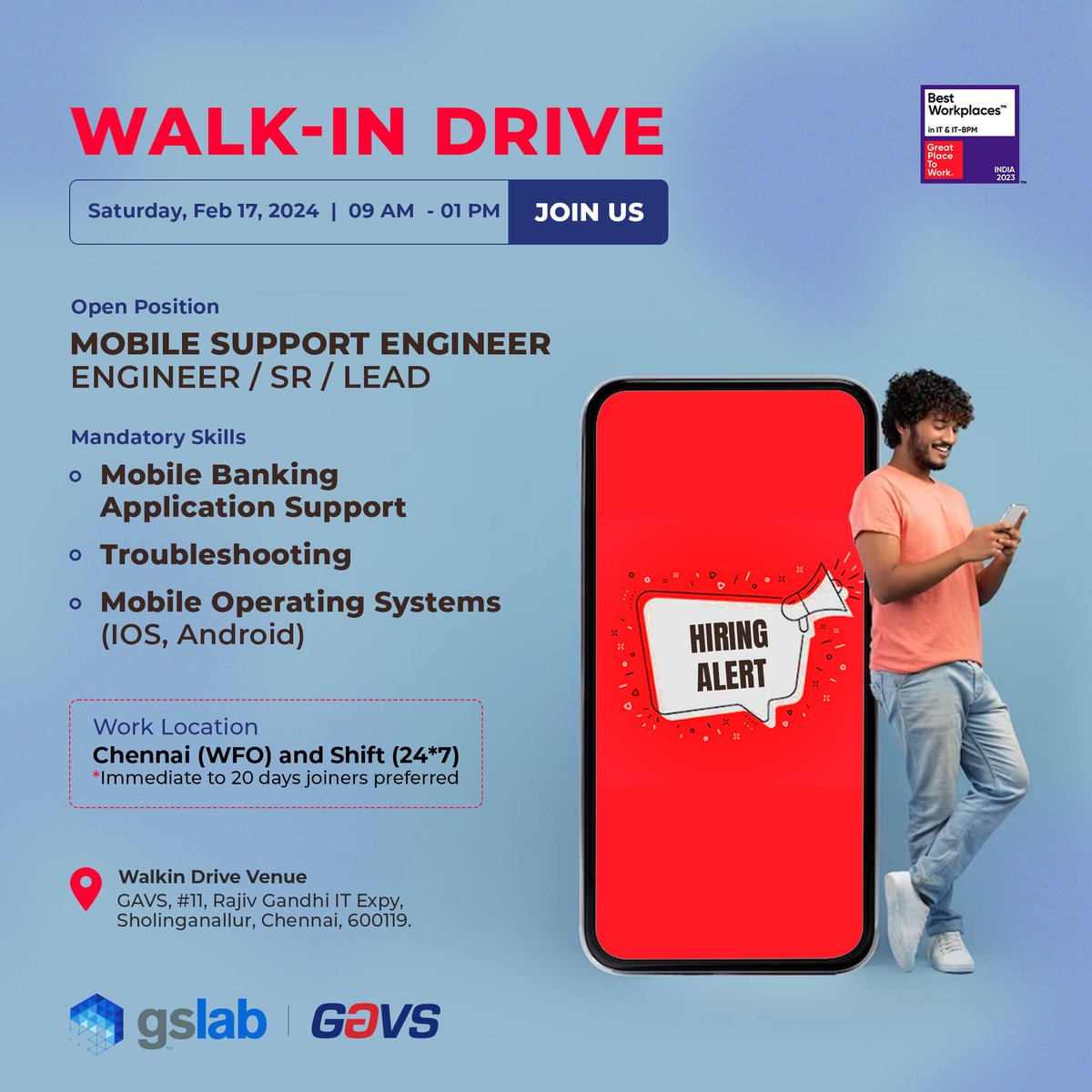 _gslab's tweet image. Join us this Saturday, Feb 17, 2024, for a #Walkin Drive exclusively for Mobile Support Specialists with 2 to 13 years' experience. Walk-in to our Chennai Office to meet our hiring team in-person. 

#ChennaiJobs #MobileSupport
