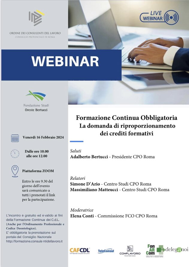 Nel prossimo Webinar del Centro Studi presso il Consiglio Provinciale di Roma, con il collega Matteucci affronteremo il tema della domanda di riproporzionanento dei crediti formativi, utile alla formazione continua obbligatoria.