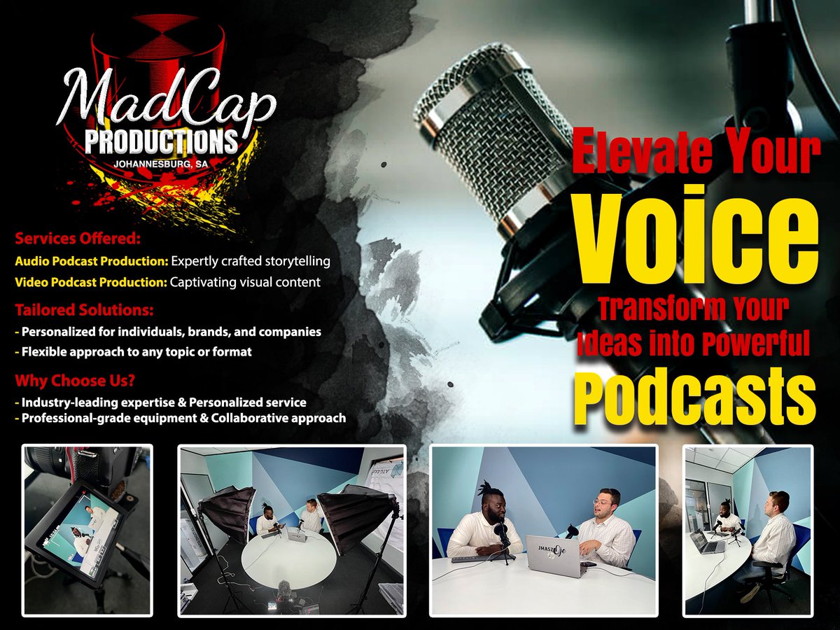 MadCapSA's tweet image. Ready to elevate your brand with captivating podcasts? 🎙️Let us bring your product, business or message to life, with our professional podcast production services! Contact us today to get started #podcastrevolution #podcasters #podcastmarketing #podcastgrowth #elevateyourbrand