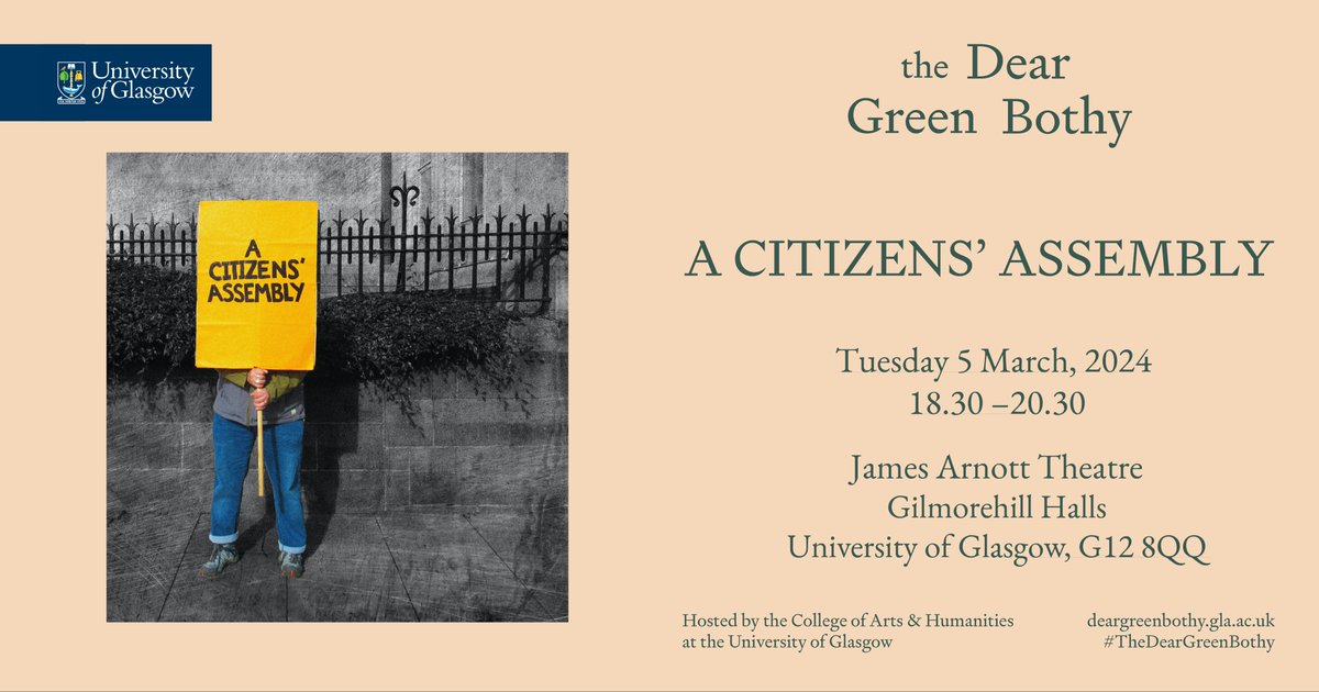 Join acclaimed theatre-maker Andy Smith for a free performance of A CITIZEN’S ASSEMBLY, exploring citizen action and the climate crisis. Tuesday March 5 at the James Arnott Theatre. Presented by #TheDearGreenBothy and @TS_Glasgow at @UofGArtsHums dgb-citizens-assembly.eventbrite.co.uk