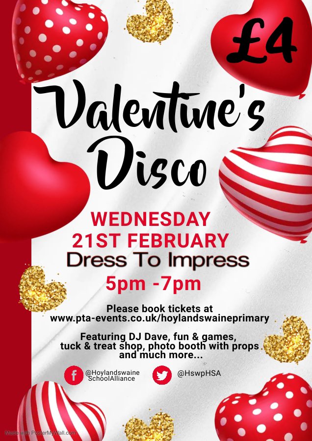 Hello 👋 

We have rescheduled the disco for Wednesday 21st February ❤️ 

We hope everyone can still make it 🎶 <a href="/HoylandswainePS/">Hoylandswaine Primary School</a>