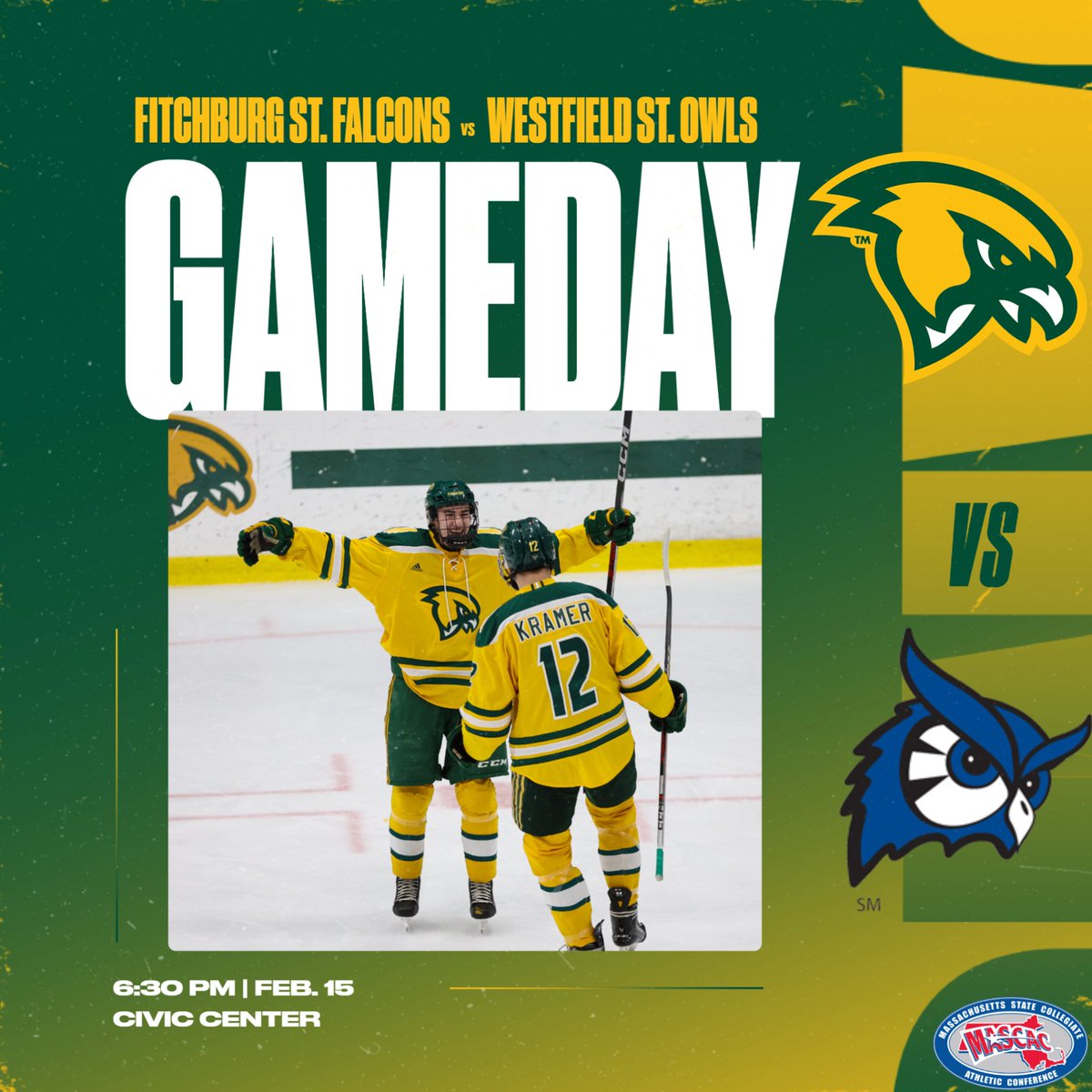Your Falcons ice hockey team is back in the Wallace Civic Center tonight at 6:30 PM against Westfield State.