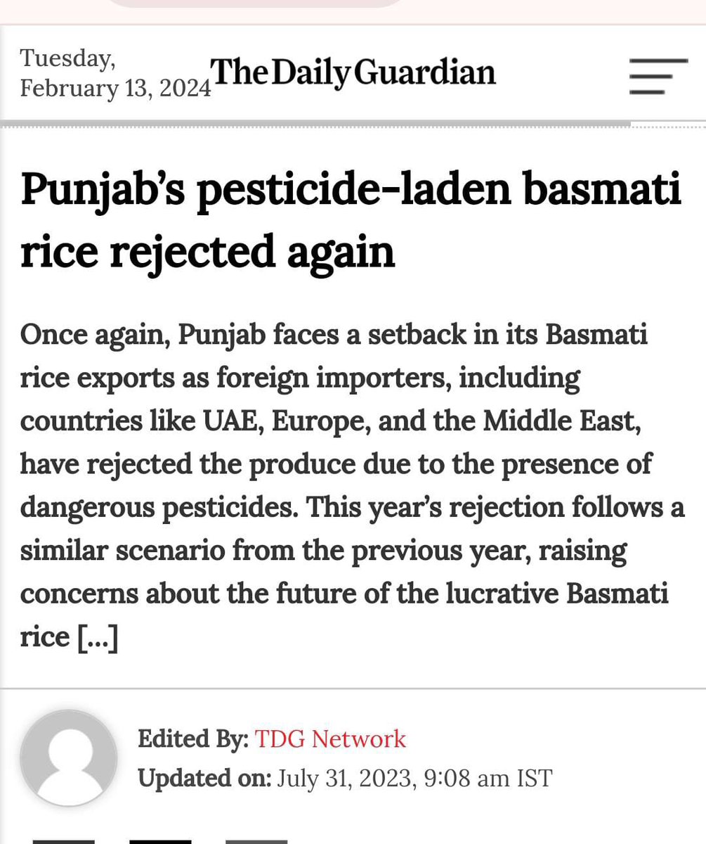 Do you know? 

Punjab grown Basmati rice is getting rejected every year in Middle east and Europe due to Dangerous Pesticides used by Punjab Farmers..

Imagine if we Indians stop buying this pesticide laden basmati rice, what will be the state of Punjab farmers?

Will you still