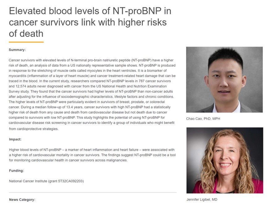 New study shows that higher blood levels of NT-proBNP were associated with a higher risk of cardiovascular mortality in cancer survivors, suggesting NT-proBNP could be a tool for monitoring cardiovascular health. #JenniferLigibel <a href="/ChaoCCao/">Chao Cao</a> <a href="/elmayermd/">Erica Mayer</a> 
dana-farber.org/newsroom/news-…