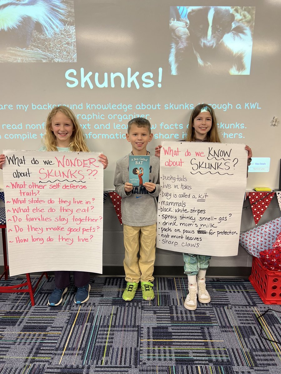 blockerbie_gl's tweet photo. Readers sharing what they Know about skunks and what they Wonder about skunks!🦨 next they will read a nonfiction article to learn more about them!❤️ 📚#onecommunityonebook #aboycalledbat #gogulllake @glbluedevils @GLCS_Foundation @rwoodrow8 @ambell0727 https://t.co/RYav9C8mbe