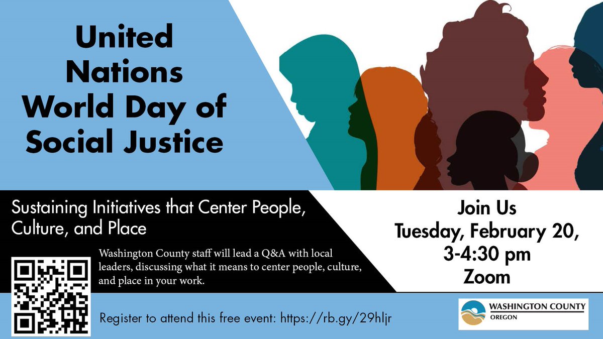 Join WA County's Office of Sustainability to discuss what it means to center people, culture, and place in your work. Register now for a virtual panel event on 2/20/2024, at 3:00 PM, in celebration of the United Nations World Day of Social Justice. rb.gy/29hljr