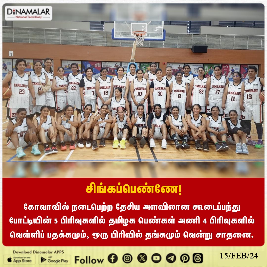 சிங்கப்பெண்ணே!

#TamilNadu  |  #womensteam | #national |  #basketballtournament | #GOA
dinamalar.com
