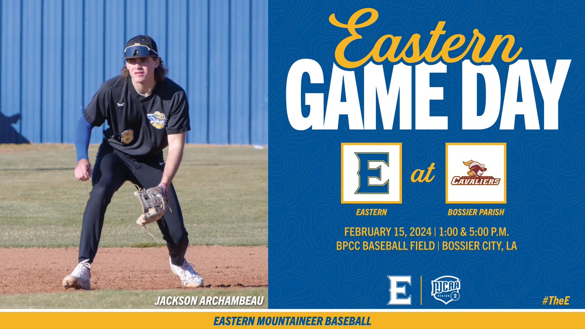 It's Game Day! Eastern is headed to Louisiana for a battle with Bossier Parish! #TheE #NJCAABSB ⚾️ vs. @BPCC_BASEBALL ⏰ 1 PM & 5 PM 🏟 BPCC Baseball Field 📍 Bossier City, LA