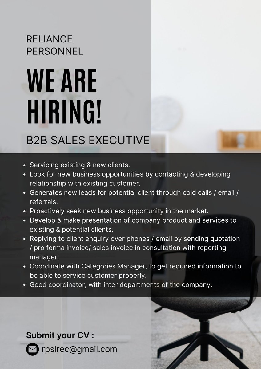 ReliancePerson1's tweet photo. Vacancy
B2B SALES EXECUTIVE
Exp: FMCG / Modern Trade / Corporate Sales
Send cv: rpslrec@gmail.com
#jobseekers #jobtube #jayjobsconnect
@findajobghana @Job_goal @jobcentregh
@Jobsinghana_job @JoblyGhana @joblemon
@jobcentregh @VacanciesGh @ghanajobs @BotsJob
@jobsviatweet https://t.co/tNSPQFnnMs