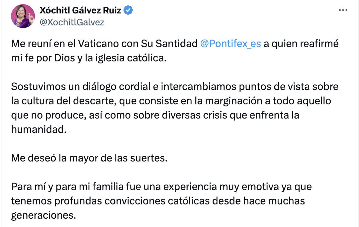 #ÚLTIMAHORA | Xóchitl Gálvez comparte imágenes sobre su encuentro con el Papa Francisco