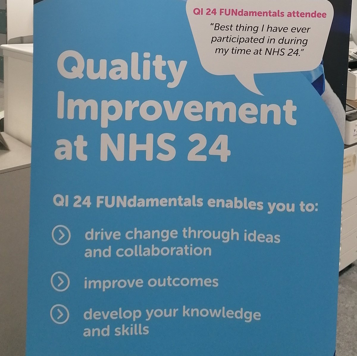 NHS24_QIET's tweet photo. We're prepping for the QI 24: FUNdamentals graduation by bringing out the pop-up banners, adding a touch of our journey and achievements to the venue. Looking forward to a thoughtful celebration of Cohort 4's hard work. 🎓🖼️ #qi24 @NHS24 @hillock_audrey @gill_hart27 https://t.co/tWqbhFwGWE