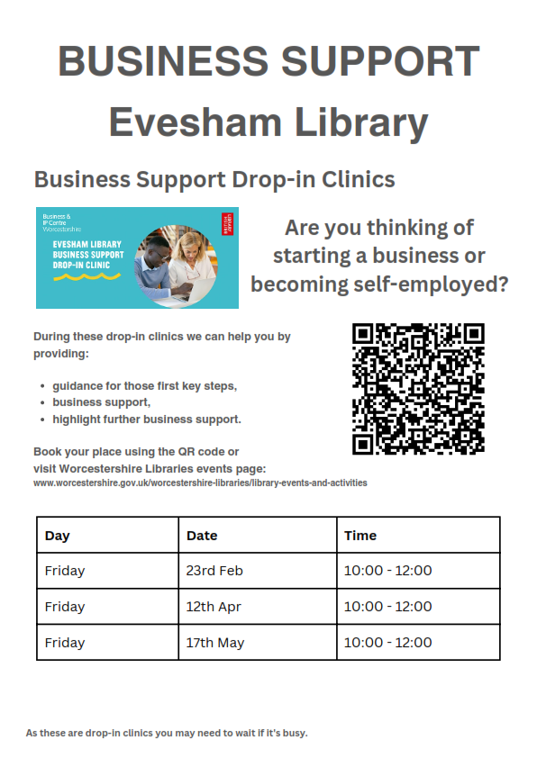 Are you thinking of starting a business or becoming self-employed? Drop in TODAY to speak to someone from @BIPCWorcs. ⏰ 10am - 12pm #EveshamLibrary #WorcestershireLibraries