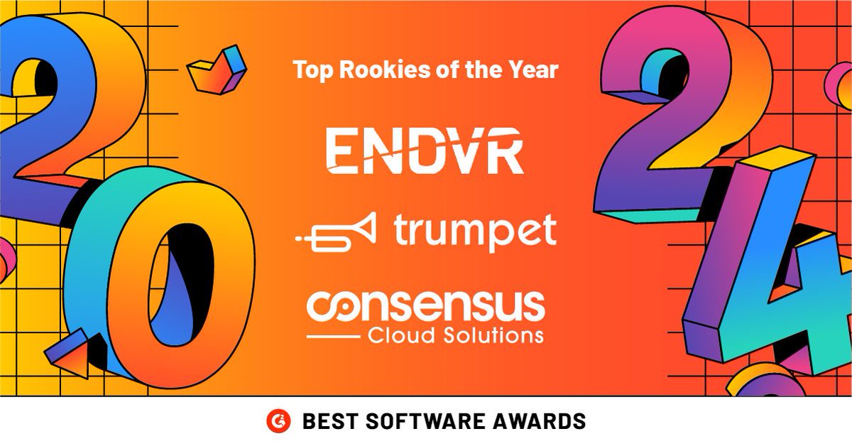 G2dotcom's tweet photo. Shoutout to the fresh faces of tech! π @ConsensusCS, @sendtrumpet, & ENDVR have snagged the #BestSoftware2024 Top Rookies of the Year titleπ
We're excited to see what the future holds for these rising stars!π https://t.co/m7wi3O54Xl