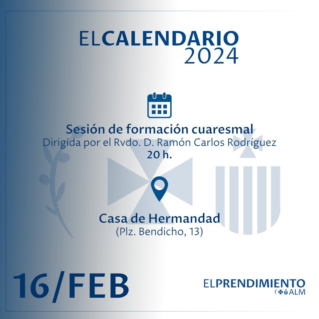 🔵 #𝗘𝗹𝗖𝗮𝗹𝗲𝗻𝗱𝗮𝗿𝗶𝗼 | Mañana, con motivo del inicio de la Cuaresma, tendrá lugar una sesión del grupo de formación abierta a hermanos y no hermanos.

📌 Casa de Hermandad
⌚️ 20h.
🗣️ Rvdo. D. Ramón Carlos Rodríguez

#elPrendimiento