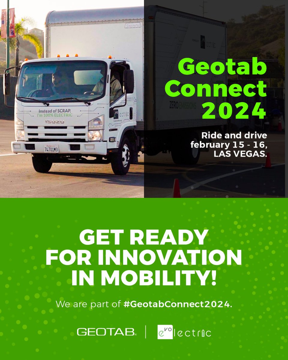 Join us at #GeotabConnect2024!
Where innovation drives us forward.
Take a Ride and Drive and test drive different electric vehicles on February 15-16 in Las Vegas, Nevada.
 👉For more information: bit.ly/3ST9Nd5

#GeotabConnect2024 #evolectric