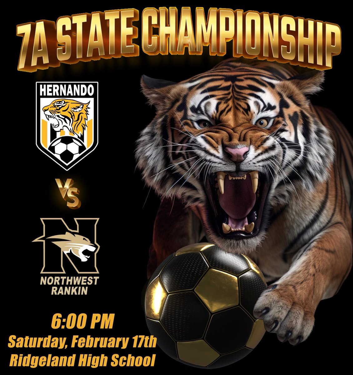 Your Hernando Tigers and the Northwest Rankin battle for the 7A State Champion title 6 PM at Ridgeland High School. Tiger fans showed up BIG TIME at North Half and we need you for State! Wear BLACK!!!   🖤🐅🖤🐅🖤🐅 #TPOD #OneMoreGame