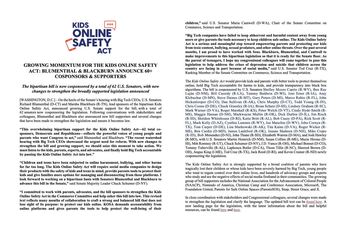 EDCoalition's tweet photo. BREAKING: An updated version of the Kids Online Safety Act has won endorsements from 62 U.S. Senators, including Senate Majority Leader @SenSchumer. #PassKOSANow https://t.co/x54F7lbvLM