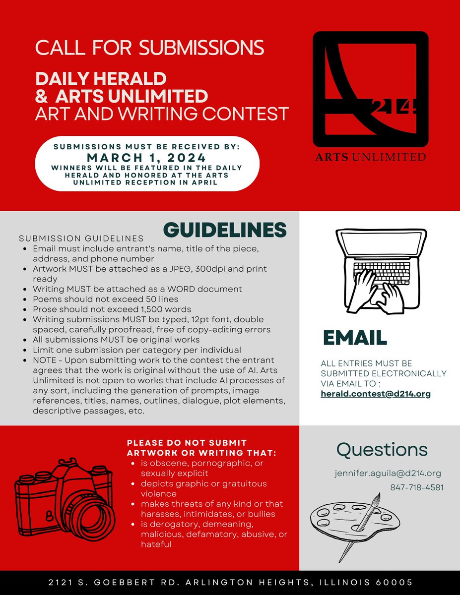 CALLING ALL CREATIVES! 👩‍🎨👨‍🎨We want to see your work! Submit your art or writing pieces to the @dailyherald & @AUD214 and Writing Contest! The deadline to submit is March 1st, see details below.