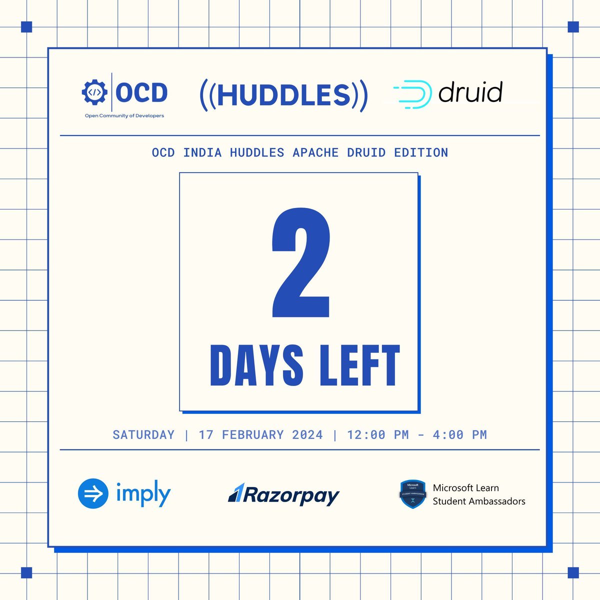 OCD_India's tweet image. Only 2 Days left ✨
Can&apos;t wait to see you folks ❤️

💥 Event Name:
Huddles: Apache Druid Edition

📍 Venue:
Razorpay office, 7th Floor, Infinity Tower A, DLF Cyber City, DLF PHASE II, Gurugram, Haryana, 122002