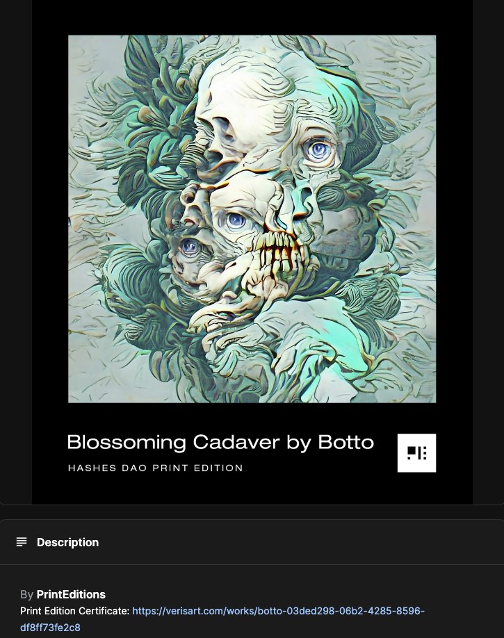 📣 gm print enthusiasts 📣

<a href="/NickKuder/">Nick Kuder</a> and <a href="/bottoproject/">Botto</a> Print Edition token metadata now includes a URL pointing to the certificate of authenticity for the corresponding print, ensuring each print we issue is authorized by the artist that created it!

digital 🤝 physical