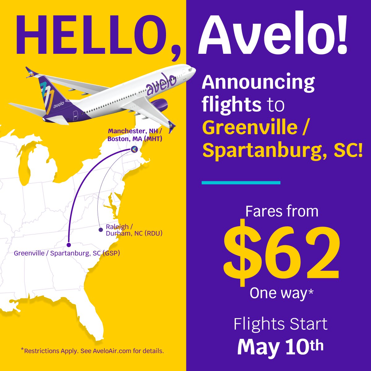 HELLO, AVELO! 💜✈️ We're excited to announce our newest nonstop flight to <a href="/GSPAirport/">GSP Airport</a>. 🥳 You can fly twice weekly to GSP starting May 10, 2024. Avelo will also be increasing flights to <a href="/RDUAirport/">RD-Boo Airport 🎃</a> starting May 2. Book your flights today at aveloair.com. #FlyMHT