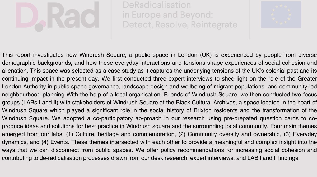 📚Spatial aspects of de-radicalisation processes in London 📌Untangling complexities of Windrush Square's colonial past & present dynamics. Co-participatory insights & policy recommendations @drhenrystaples @ozgeozdu @Vani_Rolon @nelliferenczi ➡️dradproject.com/?publications=…