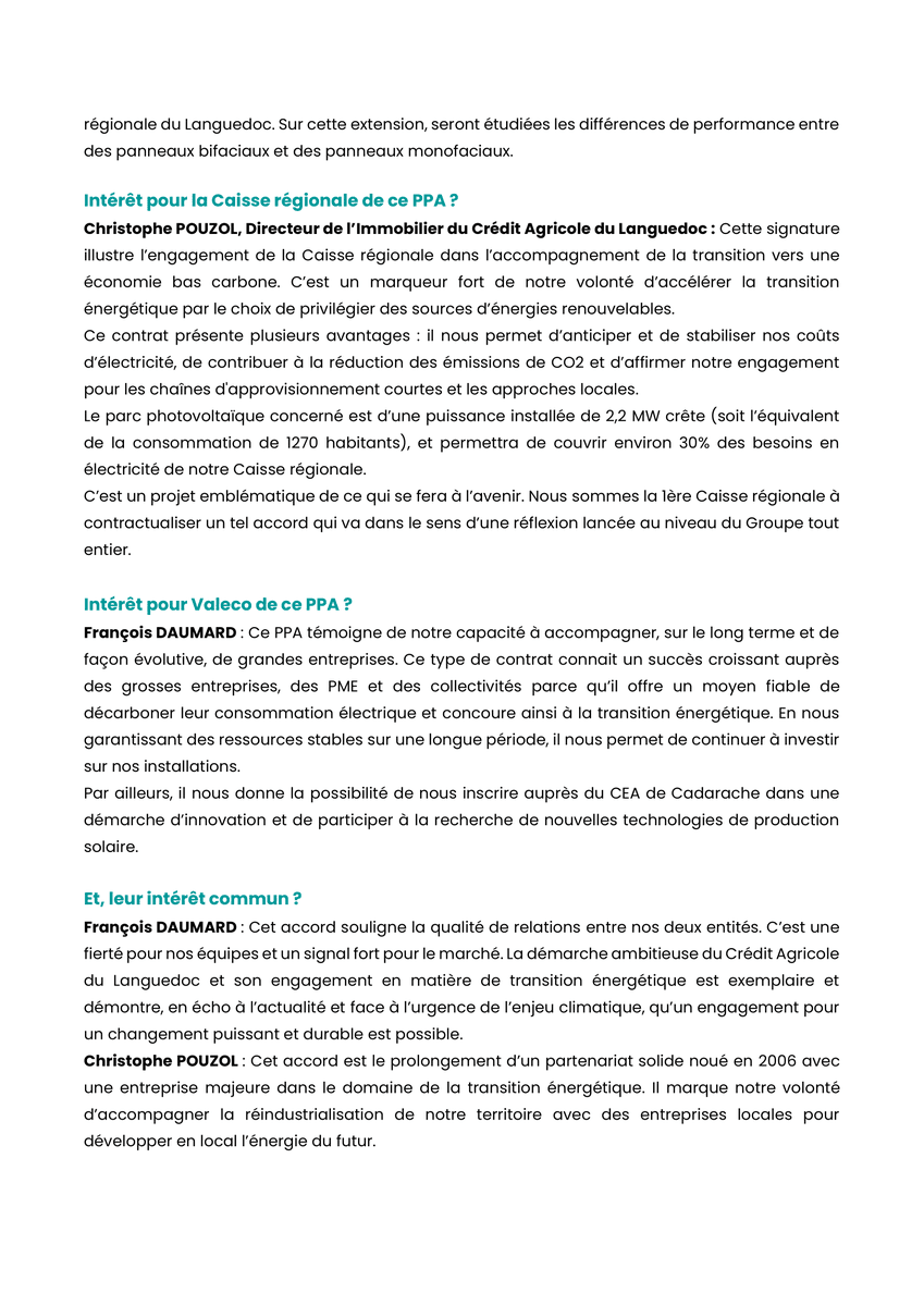 🔔Le Crédit Agricole du Languedoc et <a href="/GROUPEVALECO/">VALECO</a> ont signé un contrat de vente d'#electricite provenant de sources renouvelables.  SOFILARO / CALEN est fier d'avoir contribué à cet accord en faveur ! 
#CapitalInvestissement <a href="/Credit_Agricole/">Groupe Crédit Agricole</a> ➡️media.licdn.com/dms/document/m…