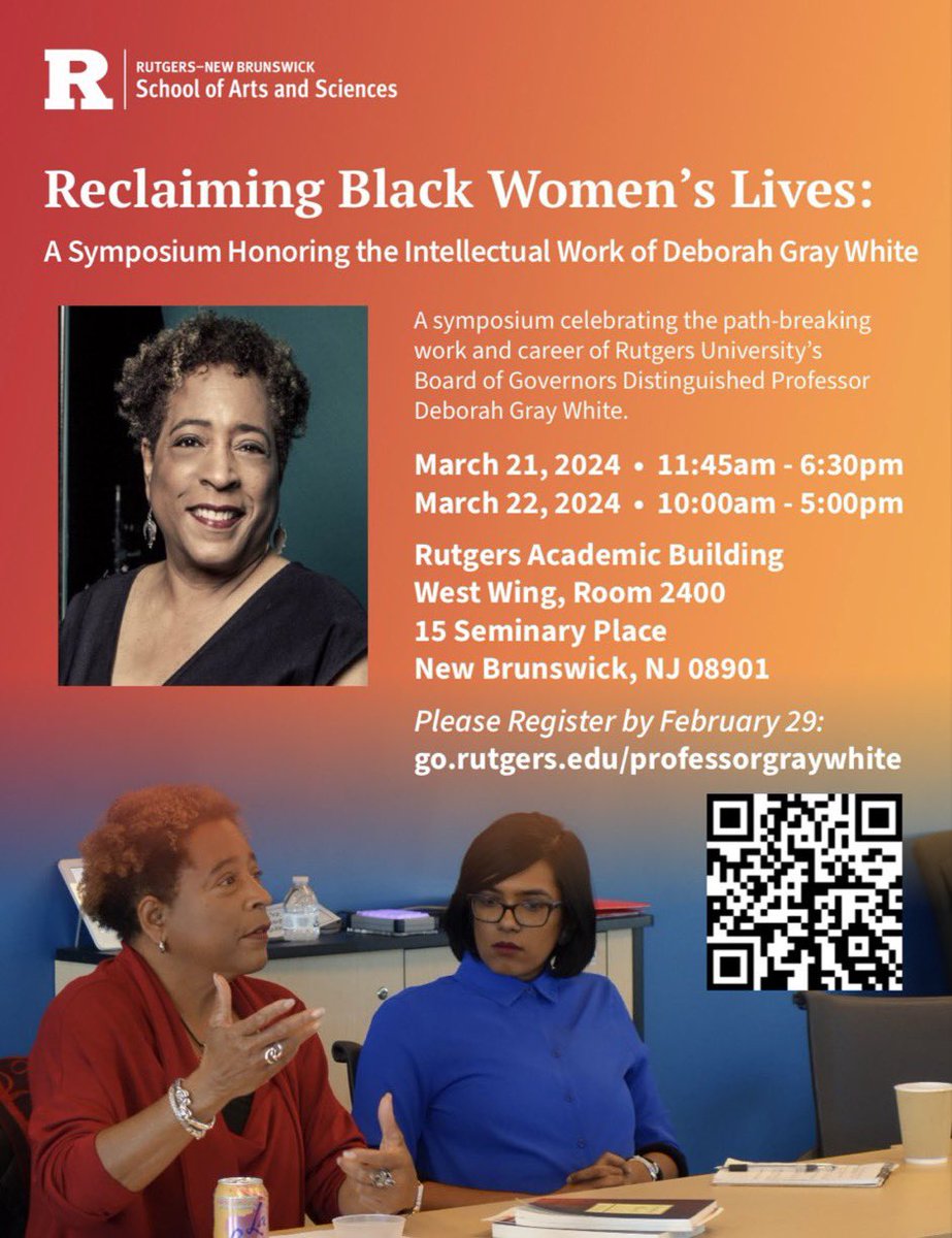 Adam X. McNeil (ABD) (aka Metaphors & Memes) (@culturedmodesty) on Twitter photo Reclaiming Black Women’s Lives: A Symposium Honoring the Intellectual Work of Deborah Gray White
Registration: docs.google.com/forms/u/1/d/e/…
Draft Program: history.rutgers.edu/news-events/20… Reclaiming Black Women’s Lives: A Symposium Honoring the Intellectual Work of Deborah Gray White
Registration: docs.google.com/forms/u/1/d/e/…
Draft Program: history.rutgers.edu/news-events/20…