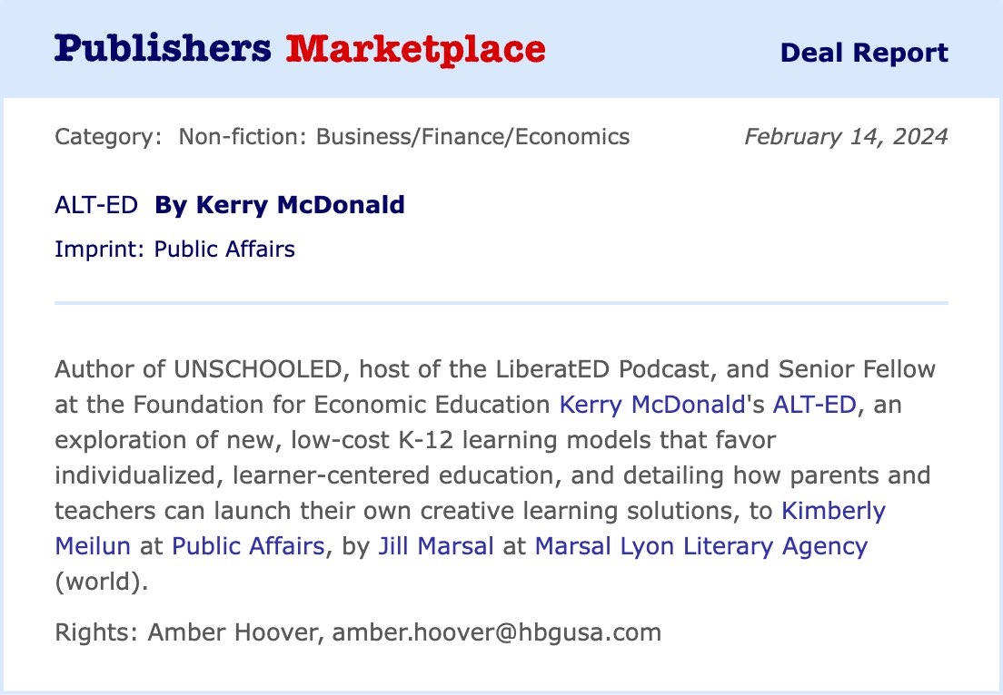 BIG news! I'm thrilled to share that I’ll be publishing my next book with @public_affairs! It’s been an honor to spotlight the entrepreneurs who are launching the innovative learning models that are transforming education. This book goes deeper! Thanks once again @jillmarsal!