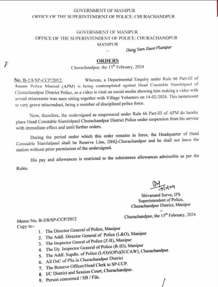 KSO_CCPur's tweet photo. Public Outrage at Churachandpur due to discriminatory suspension of Head Constable Siamlalpaul as his video with Kuki volunteers went viral on social media. 
His suspension is a discrimination of law and order in #Manipur https://t.co/LGYIDTAigx