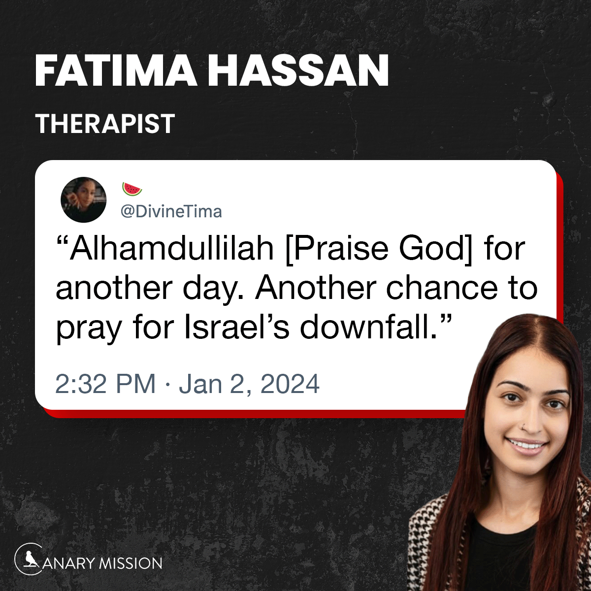 canarymission's tweet photo. Fatima Hassan is a therapist at Lotus Listen Therapy in Maryland. Responding to a tweet that read, “I stuffed em in the oven after I was done,” Hassan wrote, “F**king jew hope he screamed.” A gun & knife enthusiast, she also tweeted, “$1000 for a knife set? It better clean up all the evidence if I ever need it wtf.”

Recently, she tweeted, "[Praise God] for another day. Another chance to pray for Israel’s downfall.” https://t.co/yLbXHyJ2Vx