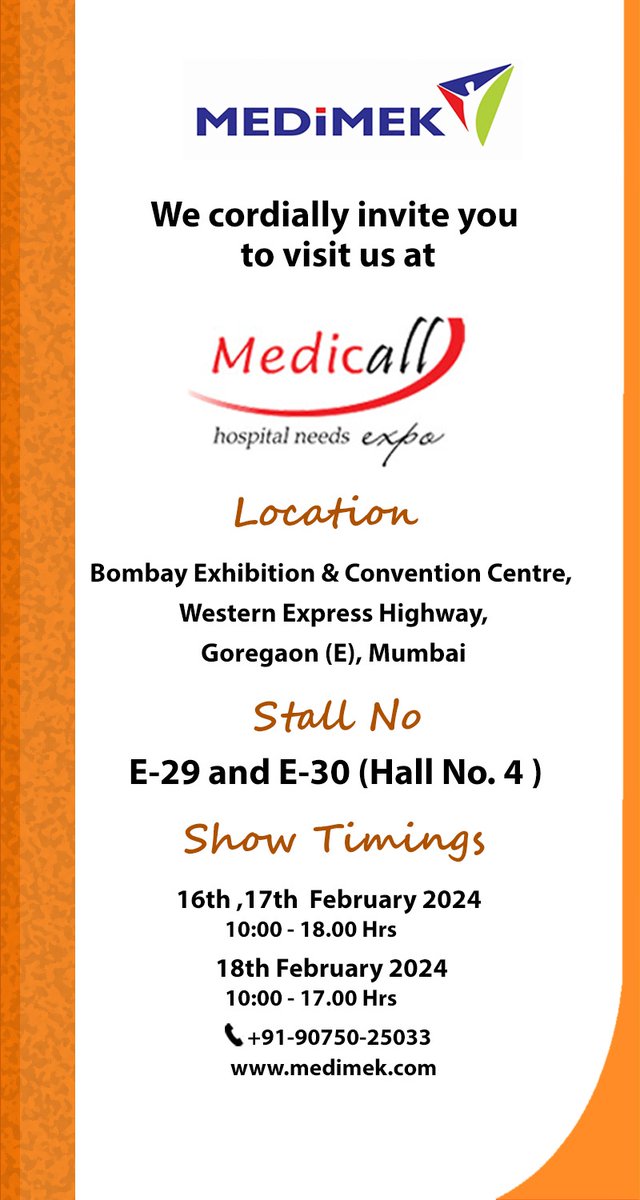 Bhalbar's tweet photo. Medimek will be exhibiting @medicallexpo  this year. Please visit our stall to see how we are redefining healthcare spaces! https://t.co/0Dv2UE4M4F