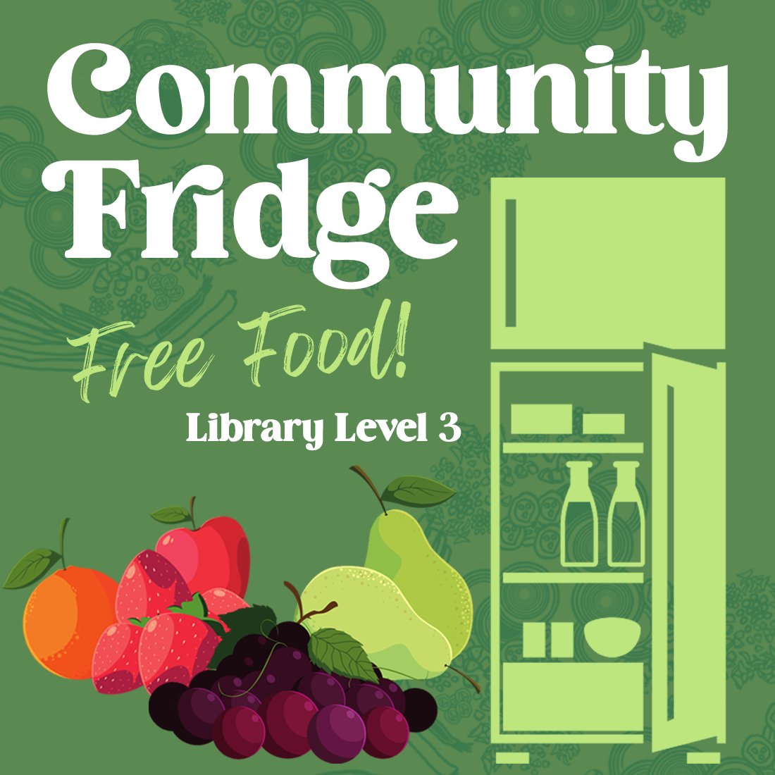 The Community Fridge is BACK! It's located on Level 3 of the Library (opposite the vending machines), and all of the food is free to take! Currently, there will be food dropped off every Sunday, Monday, and Wednesday at 9PM but this is subject to change.