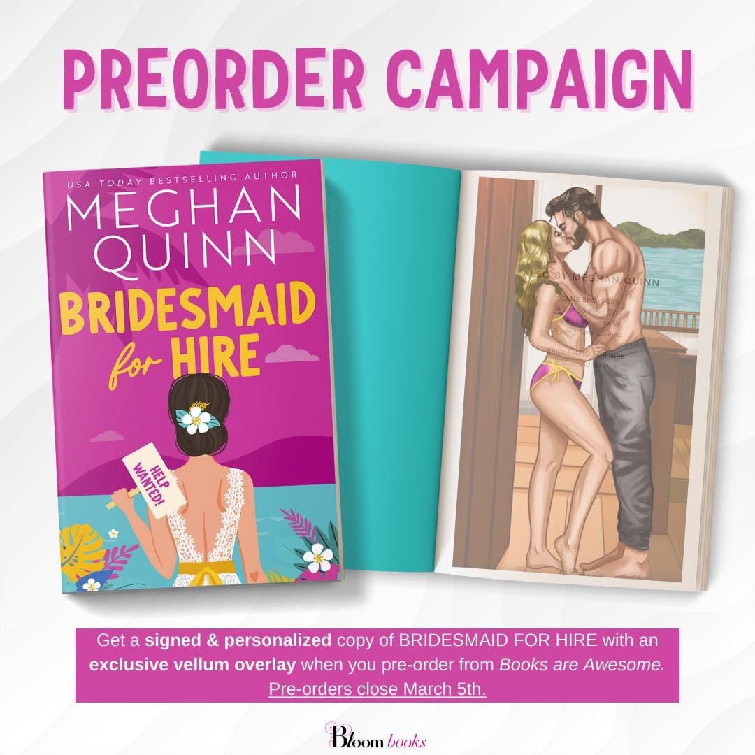 I’m so excited to share the pre-order campaign for BRIDESMAID FOR HIRE! Get your signed and PERSONALIZED books here! And you get this Vellum insert which shows a scene of Maggie and Brody right before things get super spicy- one of my favorite parts. booksareawesome.indielite.org/book/978172829…