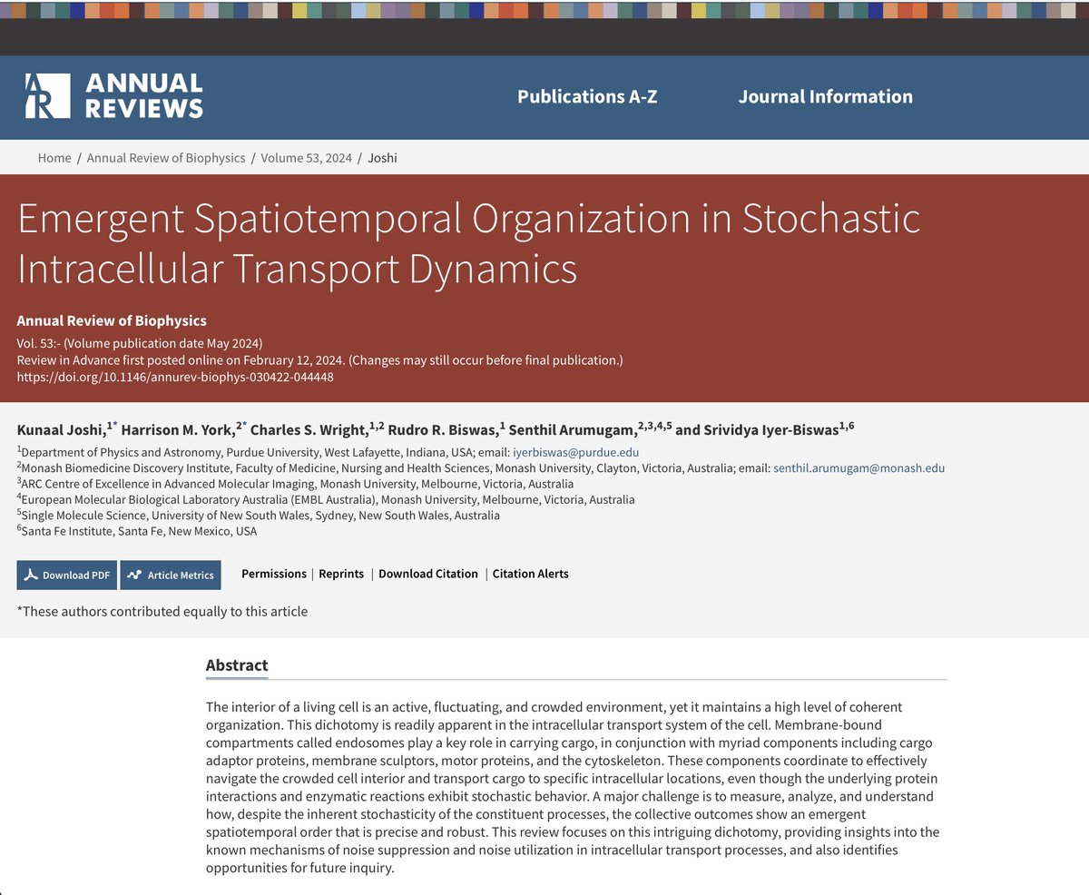 Purdue Physics&Astro (@purduephysastro) on Twitter photo New in <a href="/AnnualReviews/">Annual Reviews</a> of Biophysics:
Emergent Spatiotemporal Organization in Stochastic Intracellular Tranport Dynamics
πannualreviews.org/doi/abs/10.114β¦
Co-led by Kunaal Joshi in Prof Sri Iyer-Biswas' grp, &
<a href="/HarrisonMYork/">Harrison York</a> in the Arumugam grp <a href="/cellphylab/">@cellphylab.bsky.social</a> New in <a href="/AnnualReviews/">Annual Reviews</a> of Biophysics:
Emergent Spatiotemporal Organization in Stochastic Intracellular Tranport Dynamics
πannualreviews.org/doi/abs/10.114β¦
Co-led by Kunaal Joshi in Prof Sri Iyer-Biswas' grp, &
<a href="/HarrisonMYork/">Harrison York</a> in the Arumugam grp <a href="/cellphylab/">@cellphylab.bsky.social</a>