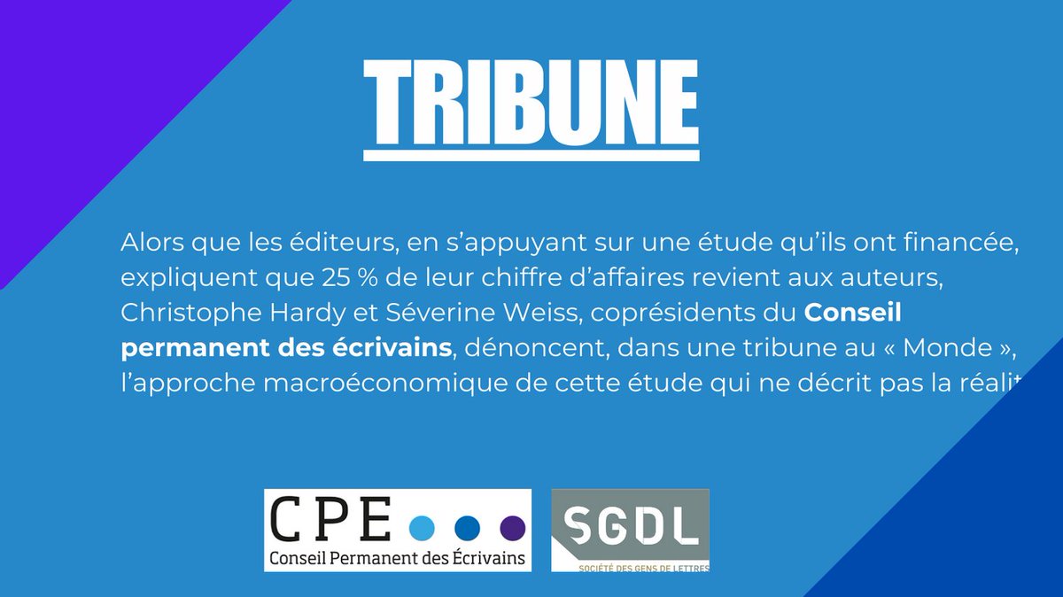 📢La SGDL réagit à la récente étude du
SNE sur le partage de la valeur entre #auteurs et #éditeurs 👉 Tribune du "Monde" du 15 février cosignée par Christophe Hardy et Séverine Weiss, coprésidents du <a href="/cpecrivains/">Conseil Permanent des Ecrivains</a>: bit.ly/3urFtgf
#partagedelavaleur #rémunération