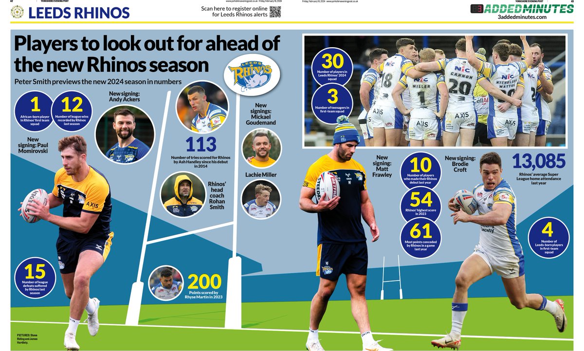 Nice @leedsrhinos stats spread designed by @MichLockwood10 as @PeterSmithYEP names the players to look out for ahead of the new @SuperLeague season. New signings include @AndyAckers9 from @SalfordDevils and @MickaelGoodman from @DragonsOfficiel. #leedsrhinos #SuperLeague