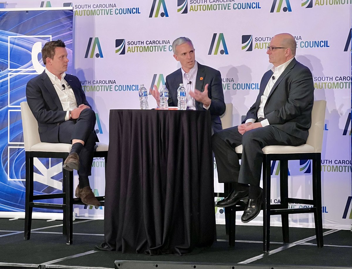 SCAutoCouncil's tweet photo. Next up, a fireside chat around the "EV"olution of the industry with David Clayton of @CU_ICAR , Thomas Leidert and Rich Everly of BMW Manufacturing. #SCAutoSum24 https://t.co/RuiSvMKAnX