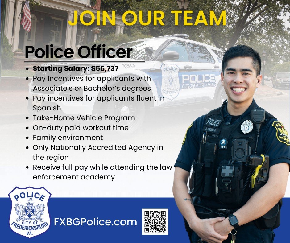 We are hiring! Join our team and make a positive impact on the City of Fredericksburg. Our next testing dates to attend the Rappahannock Regional Criminal Justice Academy and become a Certified Police Officer are March 29th and 30th. Reserve your spot now! #FXBG Click the…