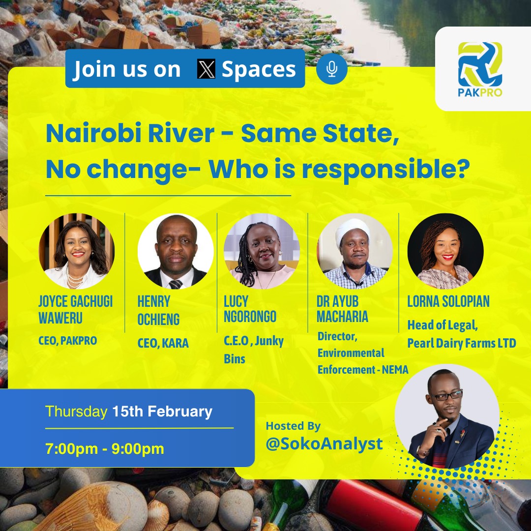 PAKPROKenya's tweet photo. Counting down to the kick-off of tonight's X Spaces at 7:00 pm with @SokoAnalyst

Join us as we dive into Nairobi River pollution, share mitigation strategies

Our speakers: @JoyceGachugi @Kara_CaresKE 
@ayubmacharia @BinsJunky @LornaSolopian

#JoinTheCulture https://t.co/9UwYH9Wmiz
